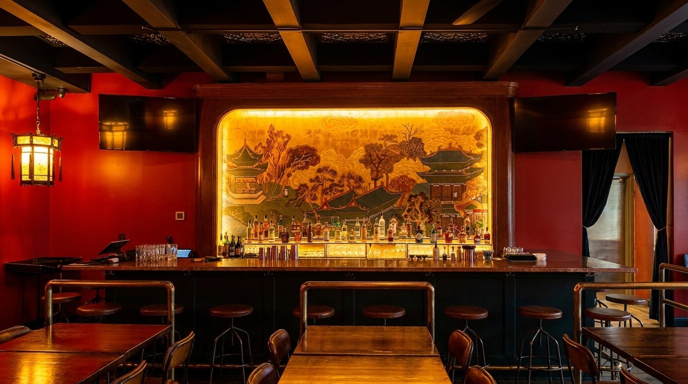 Blue Willow bar with the backlit Chinese landscape mural